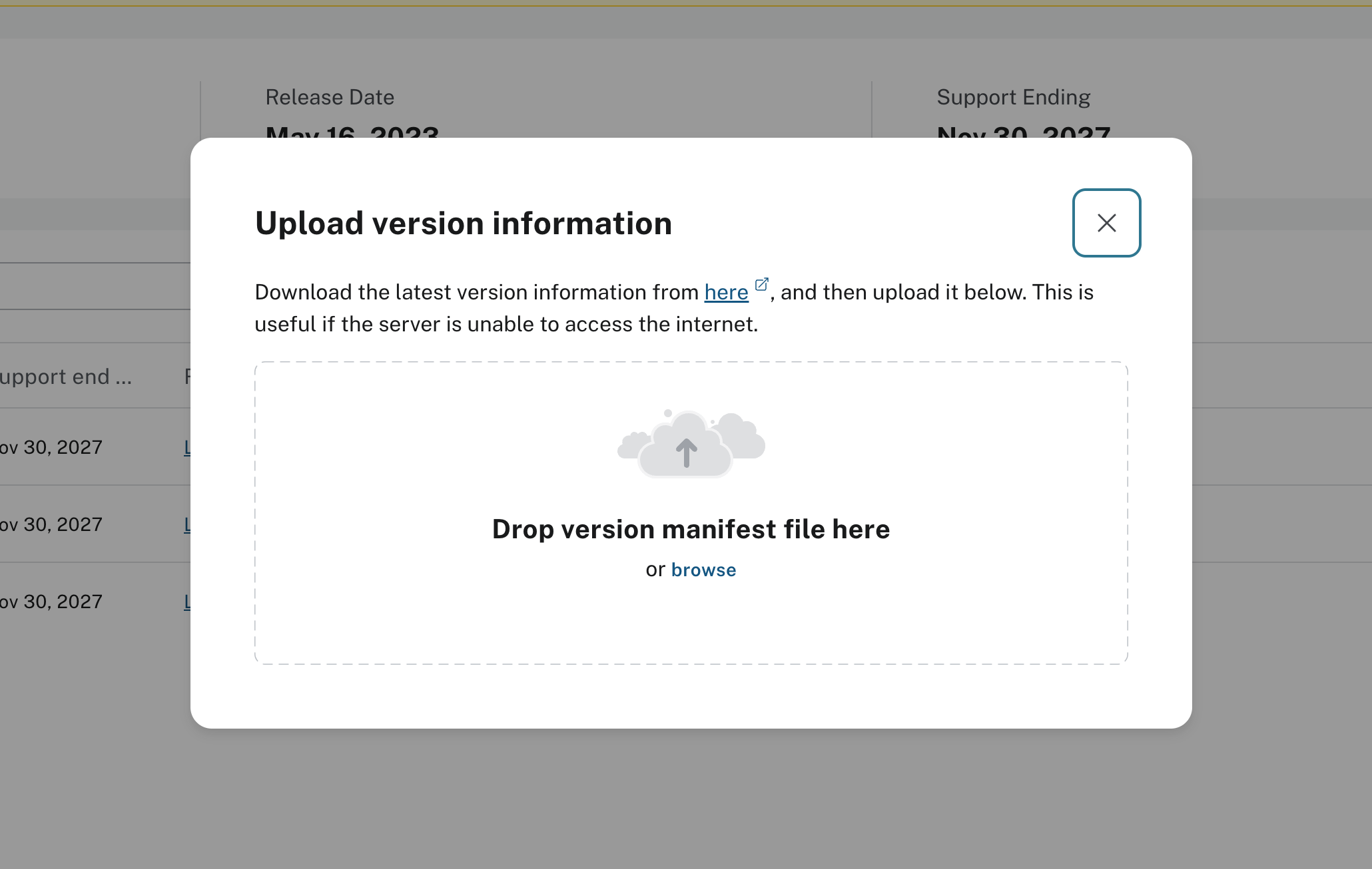 version upload modal